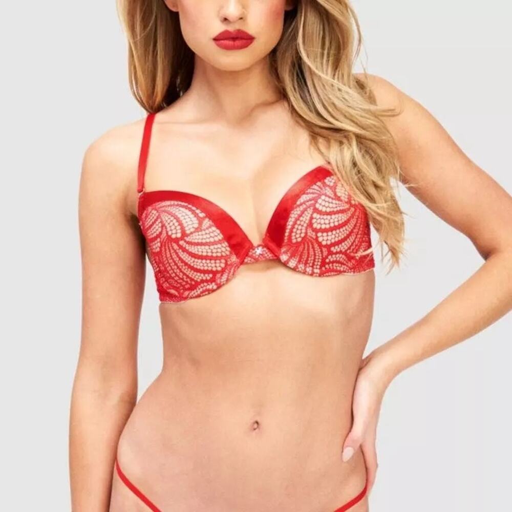 NEW Fredericks of Hollywood Exxtreme Tuxedo‎ Lace Push Up Bra 32D Red NWT